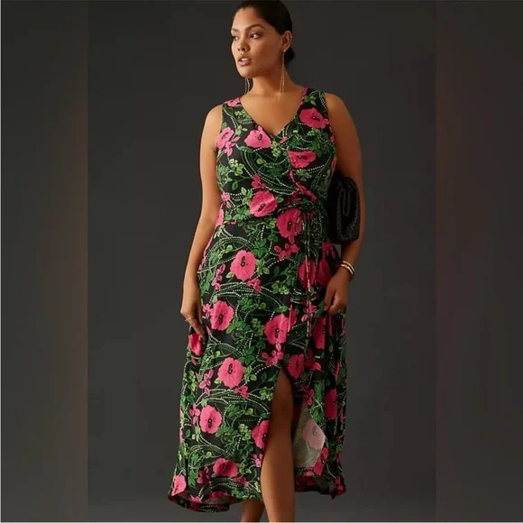 Anthropologie Maeve Ruched Midi Dress Floral Black Pink Slit Women Sz 14 - Picture 1 of 10